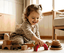 Patrón Punto de Cruz Niña Feliz Jugando con Juguetes de Madera - Embroidered