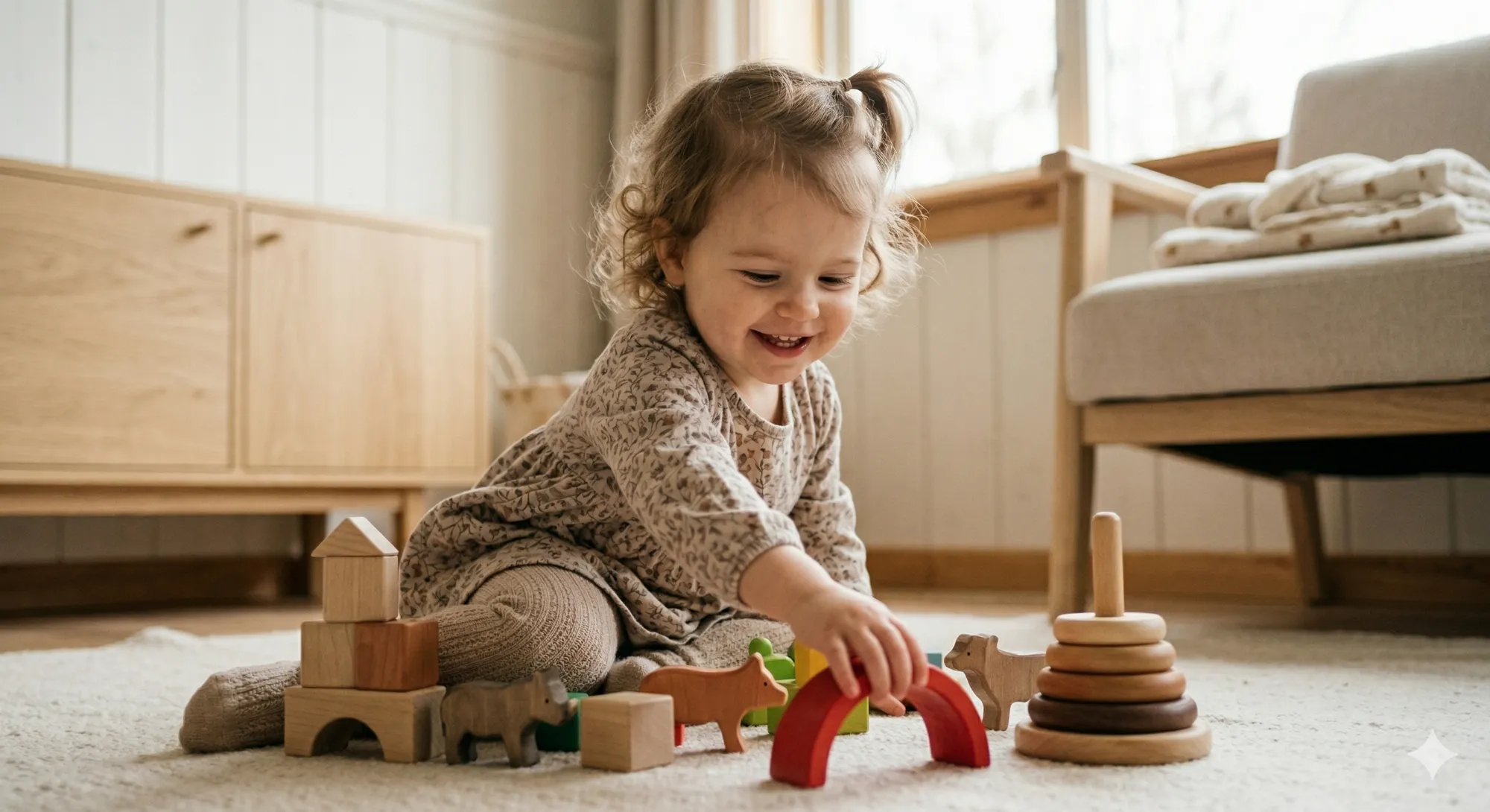 Motif Point de Croix Enfant Heureux Jouant avec des Jouets en Bois
